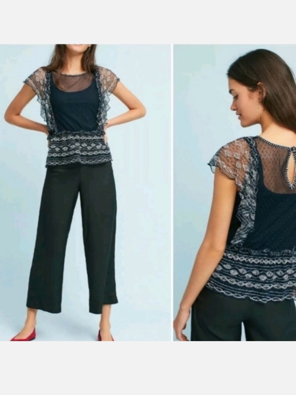 Anthropologie Meadow Rue Lace Polka Dot Sheer Blouse XL - Picture 2 of 16